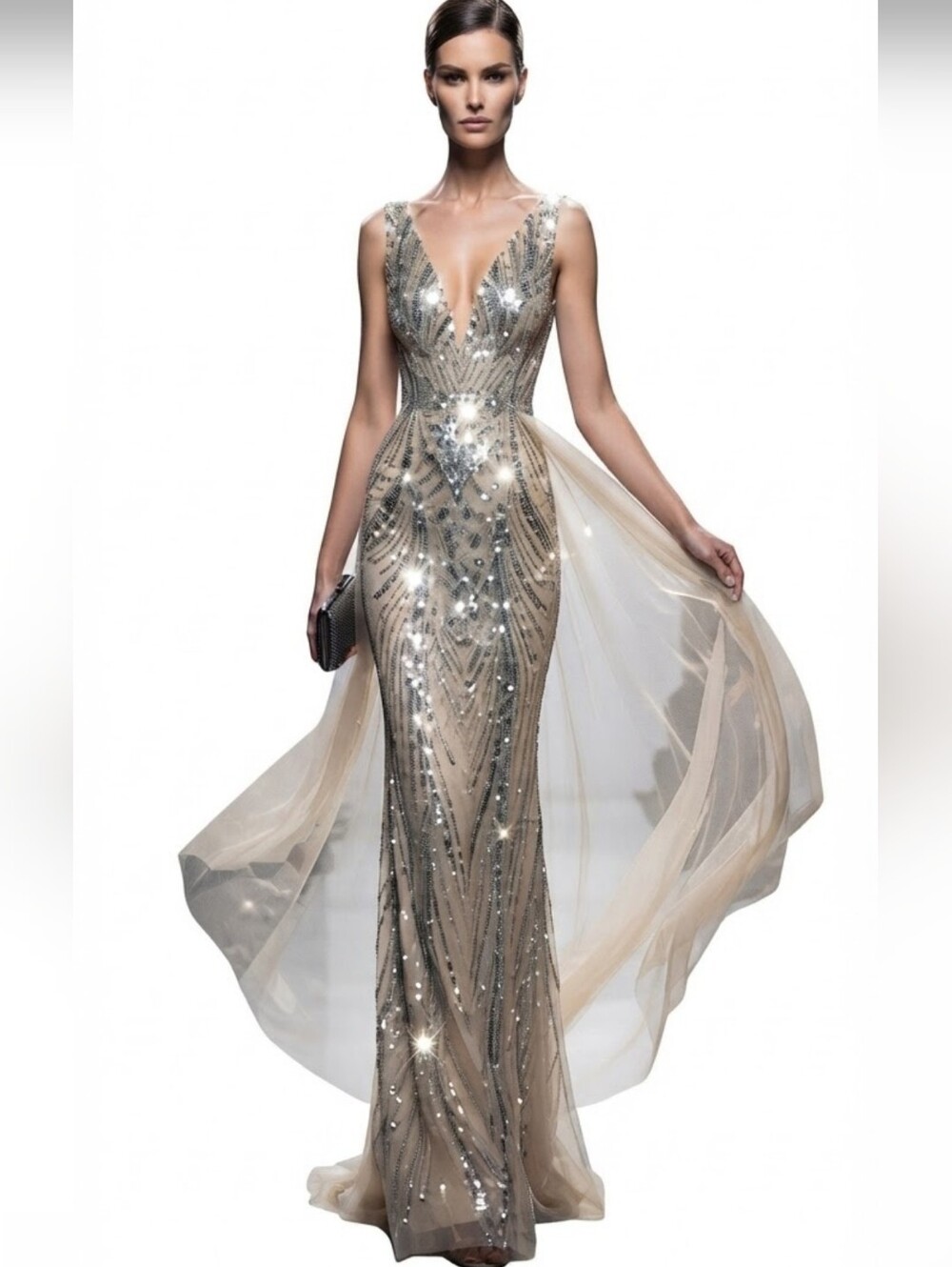 Silver, Double V, Beaded Back, Detachable Draped Skirt, Sequined Mermaid Gown